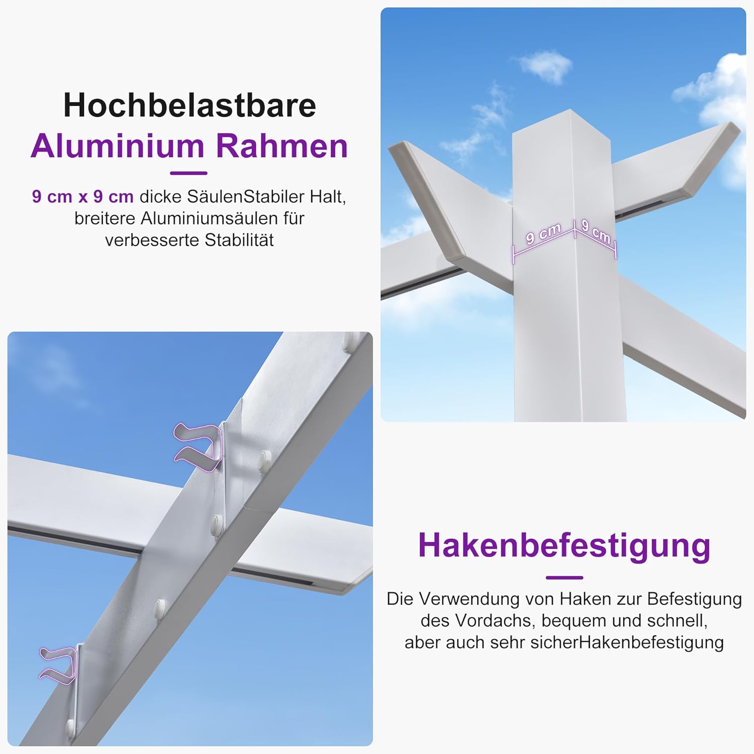PURPLE LEAF Pergola 3 x 3 m aus Weiß Rahmen, Pavillon Aluminium Pergola Sonnenschutz Überdachung mit Einziehbarem Dach, Terrasse Pergola mit Markisenschutz, UV Beschattung, Grau