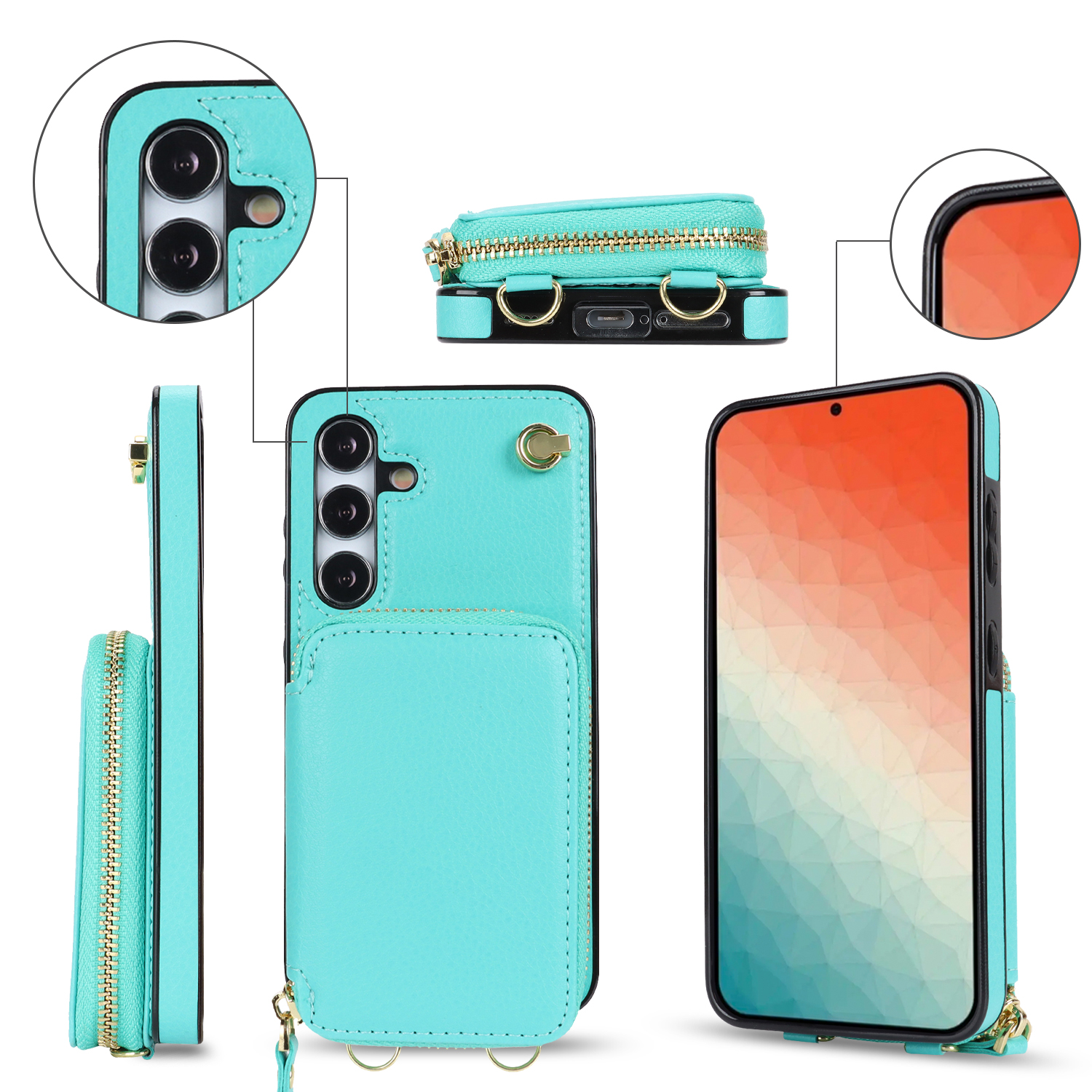 Samsung Galaxy S24 Necklace Leder Schutz Hülle mit Kartenfächer   Handykette (140cm) - Türkis