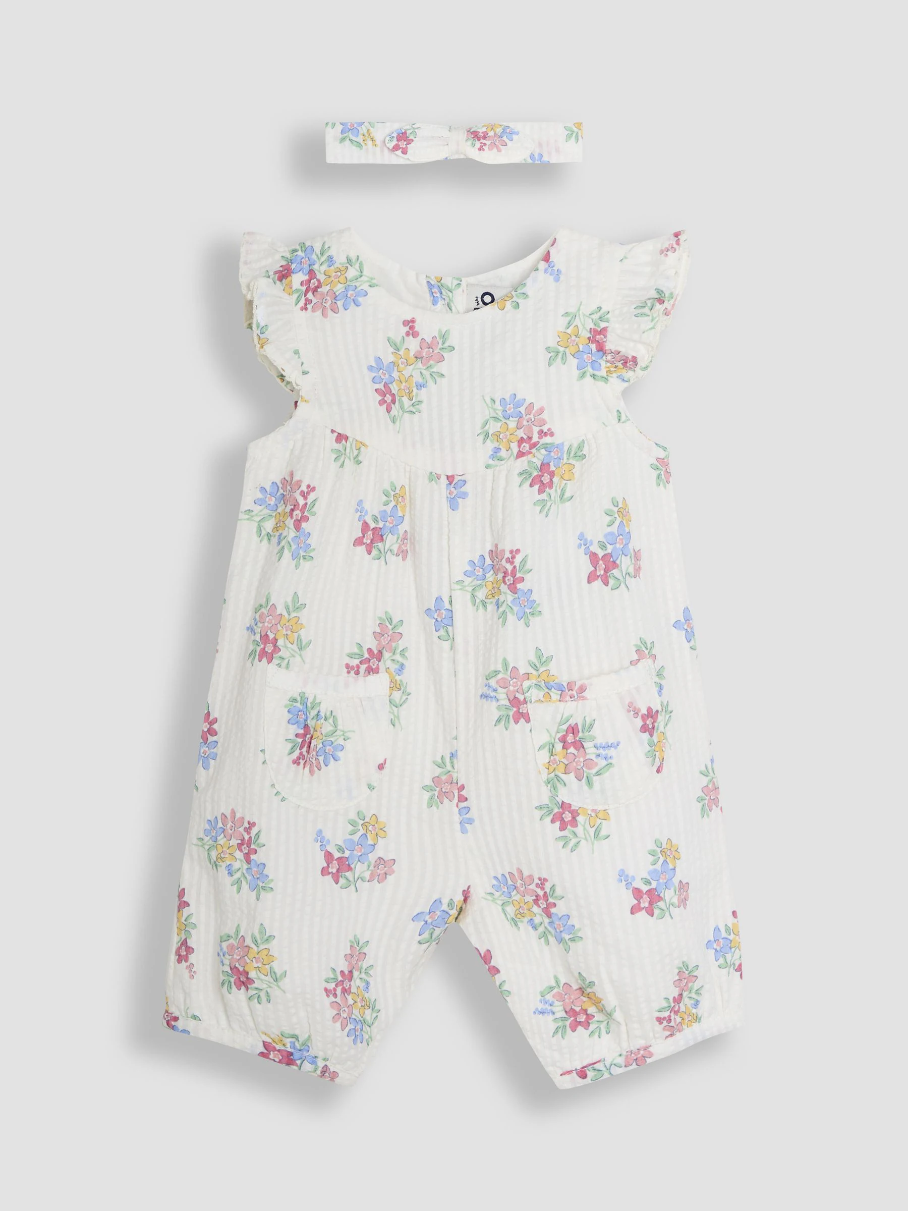 JoJo Maman Bébé 100% Cotton Pretty Ruffle Shoulder Sunsuit with Headband