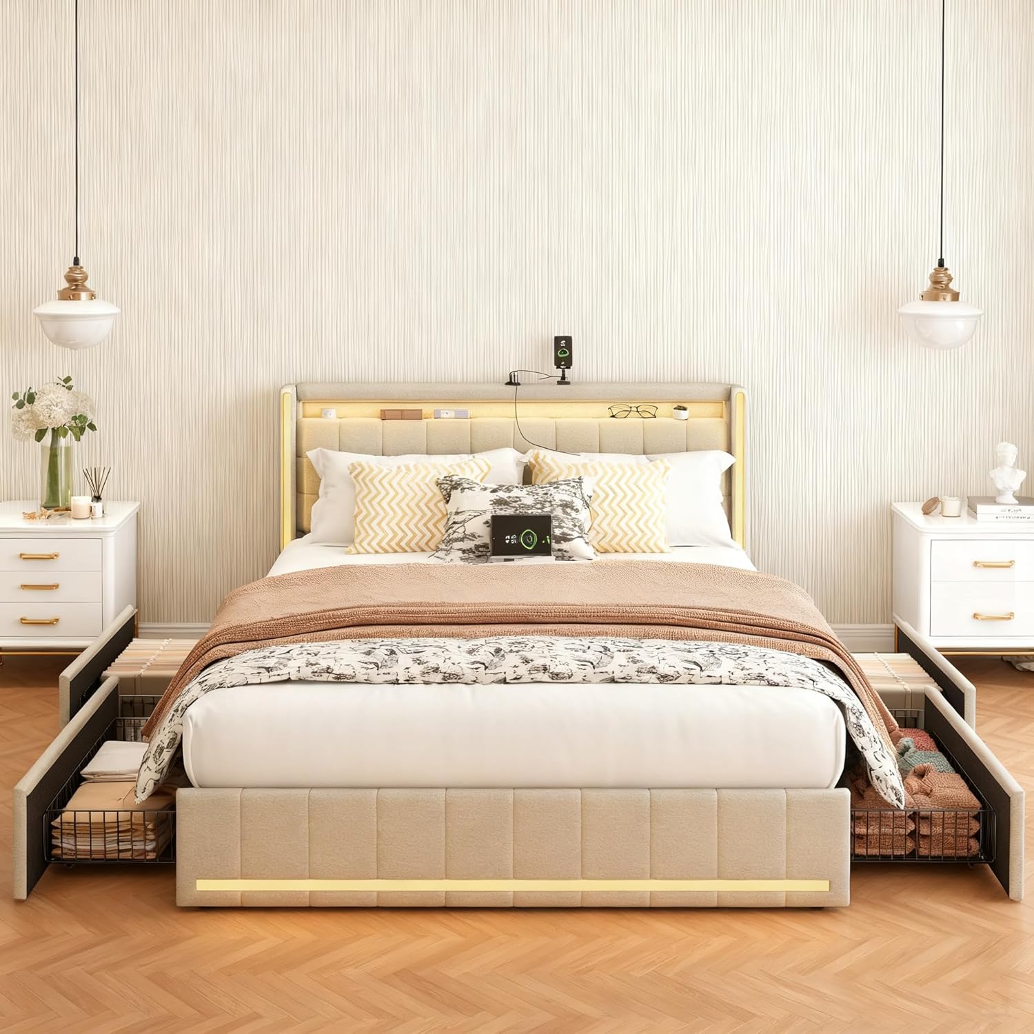 Polsterbett 140x200 cm mit LED-Kopfteil, Doppelbett mit USB-Ladefunktion und Lattenrost, 4 praktischen Schubladen und stilvollem Design, Ideal für Jugendzimmer und Moderne Räume, Ohne Matratze
