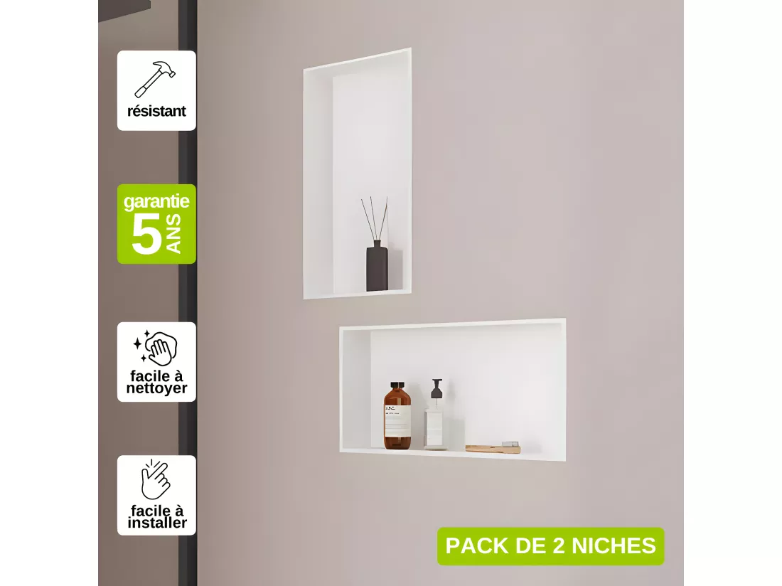 Lot de 2 Niches de Douche, Rangement mural de Salle de Bain et Douche 30x60cm Blanc Satiné, NOOK by SANIZÉO
