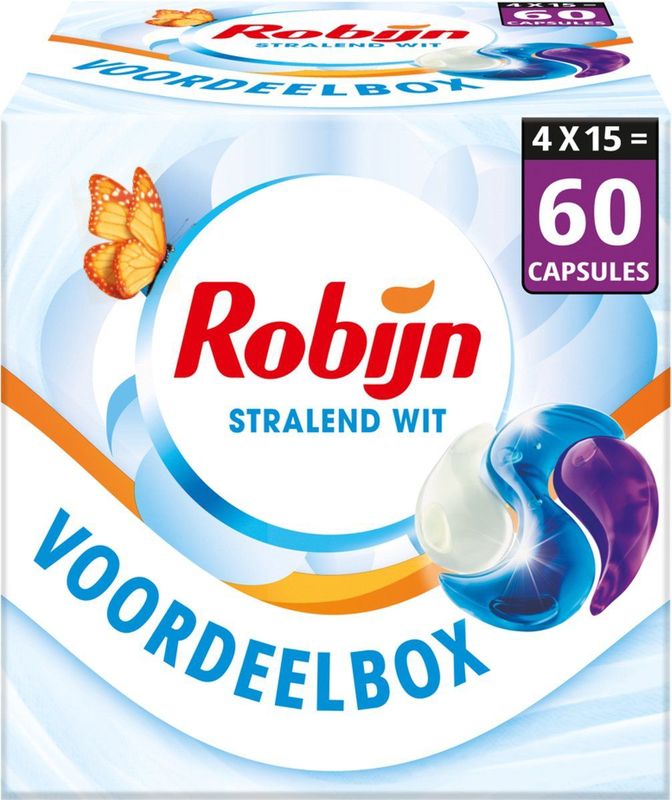 Robijn - 3-in-1 Wasmiddel Capsules - Stralend Wit - 4 Dozen - 60 Wasbeurten