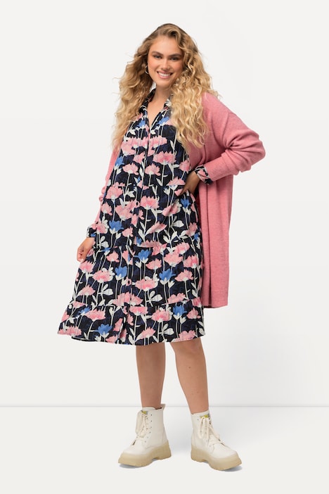 Midikleid, Aquarellblumen, Hemdkragen, Langarm