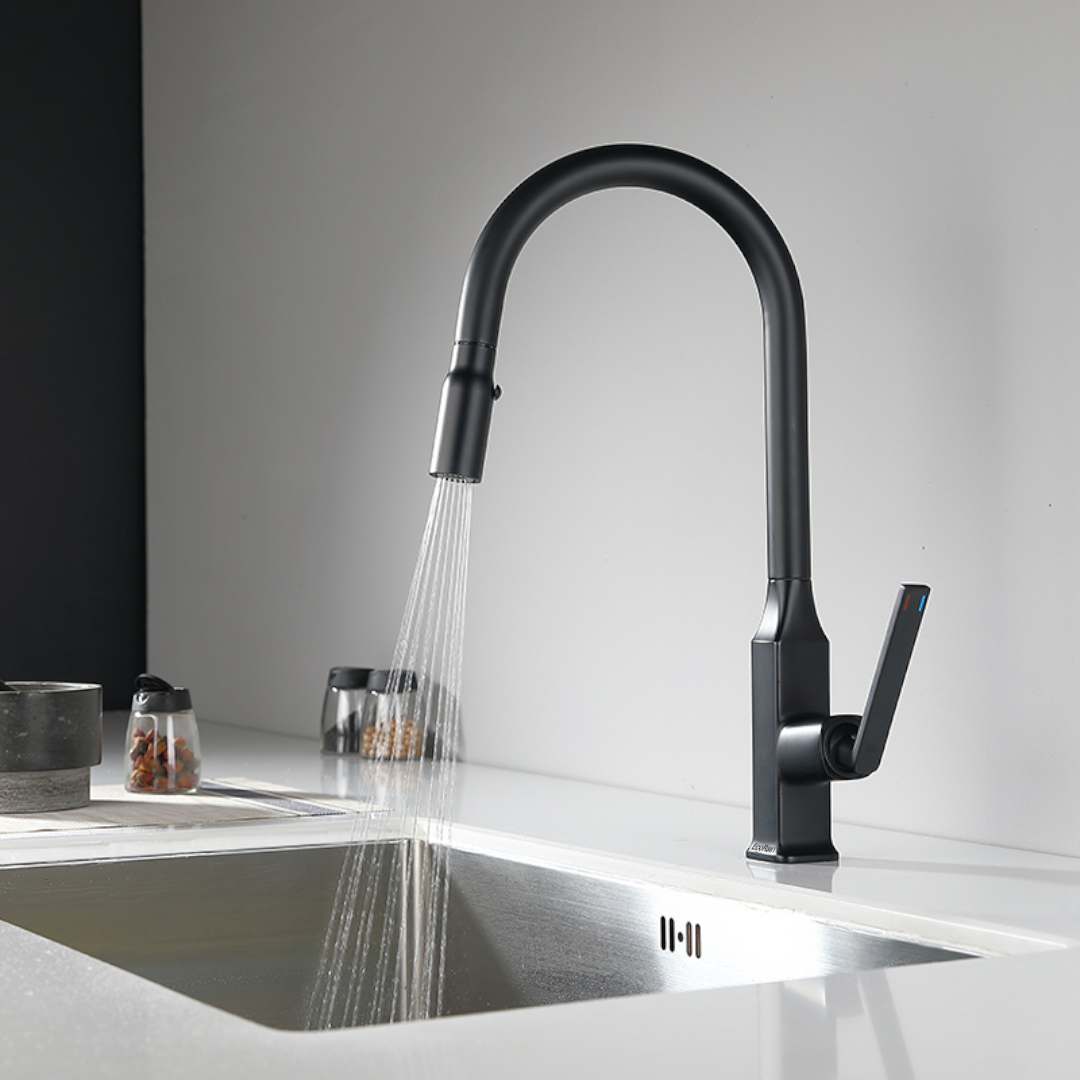 EcoRain Lucas waterbesparende keukenkraan met uittrekbeugel, zwart, gemaakt van roestvrij staal 304 en messing - universeel - krasbestendig - 30% waterbesparing - eenvoudige installatie - kraan