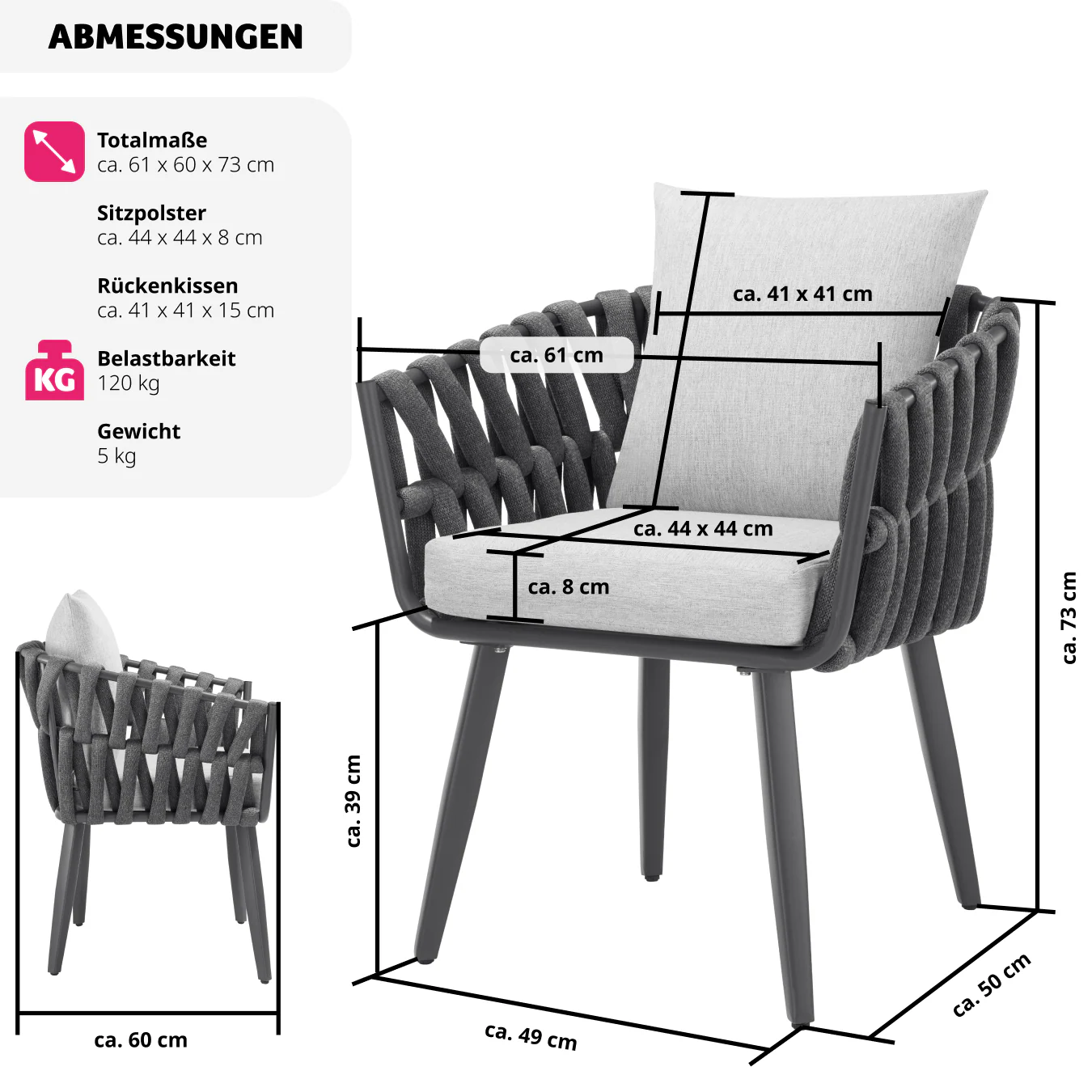 tectake® Stuhl, mit Aluminiumgestell, im Rope-Design, höhenverstellbare Kunststofffüße, 61 x 60 x 73 cm