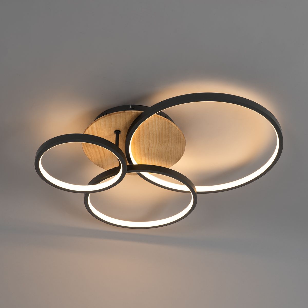 Plafondlamp zwart met hout incl. LED 3-staps dimbaar 3-lichts - Alec
