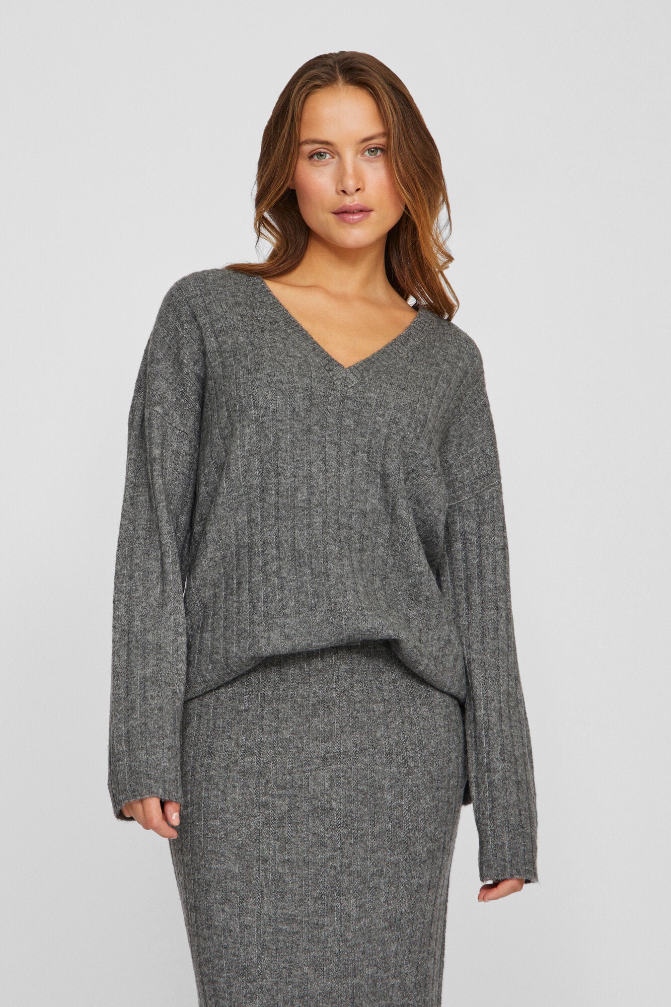 Vila  Vimiraz L/S Rev V-Neck striktrøje - Medium Grey Melange