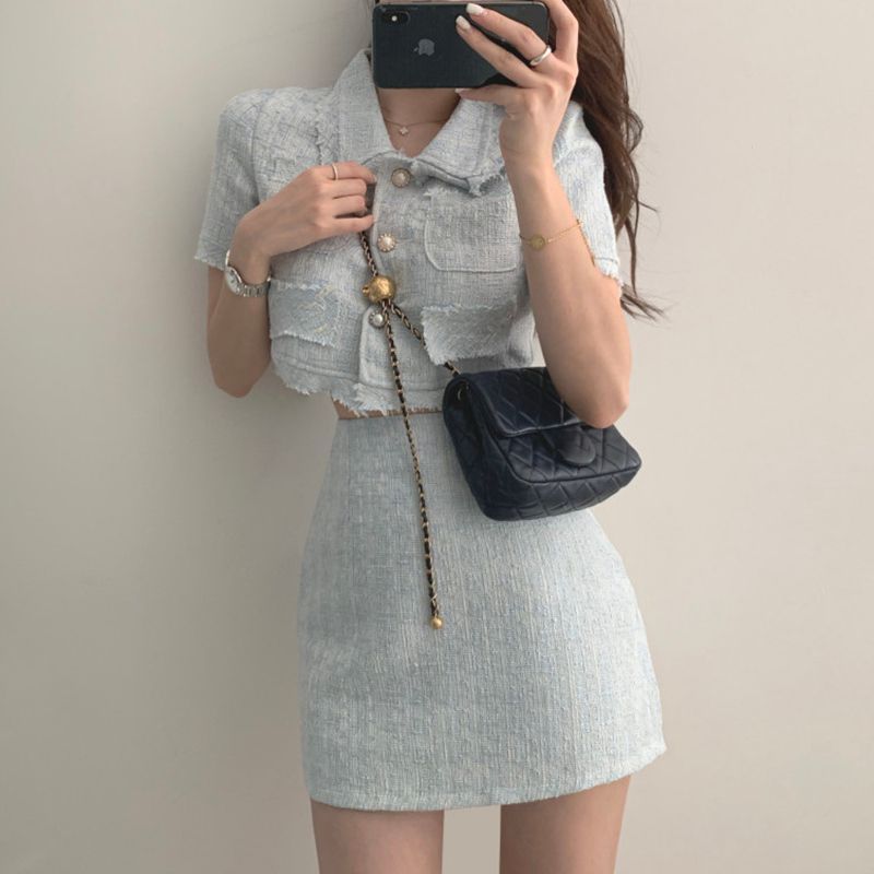 NENE - Tweed kort mouwen cropped jasje / mini kokerrok