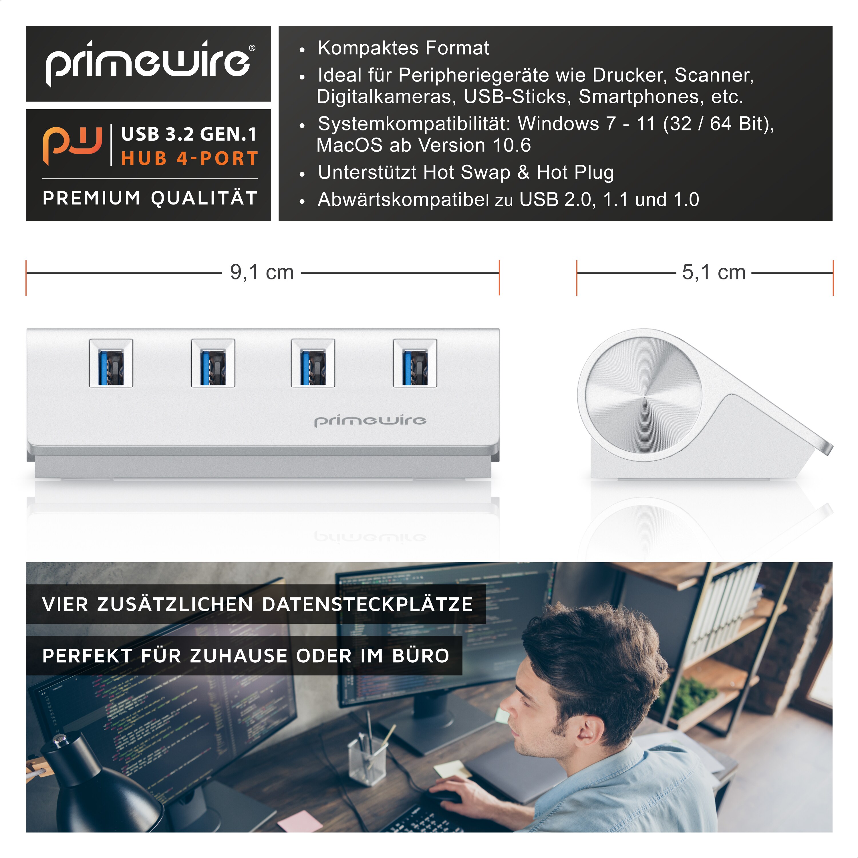 Primewire 4 Port USB 3.2 Gen1 SuperSpeed Datenhub Aluminiumgehäuse mit Netzteil Anschluss / Hot Plug