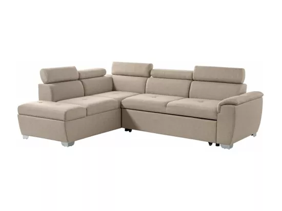 Canapé d'angle gauche convertible Paola 4 places avec coffre en tissu - Beige - L261 x P198 x H80cm - Loungitude