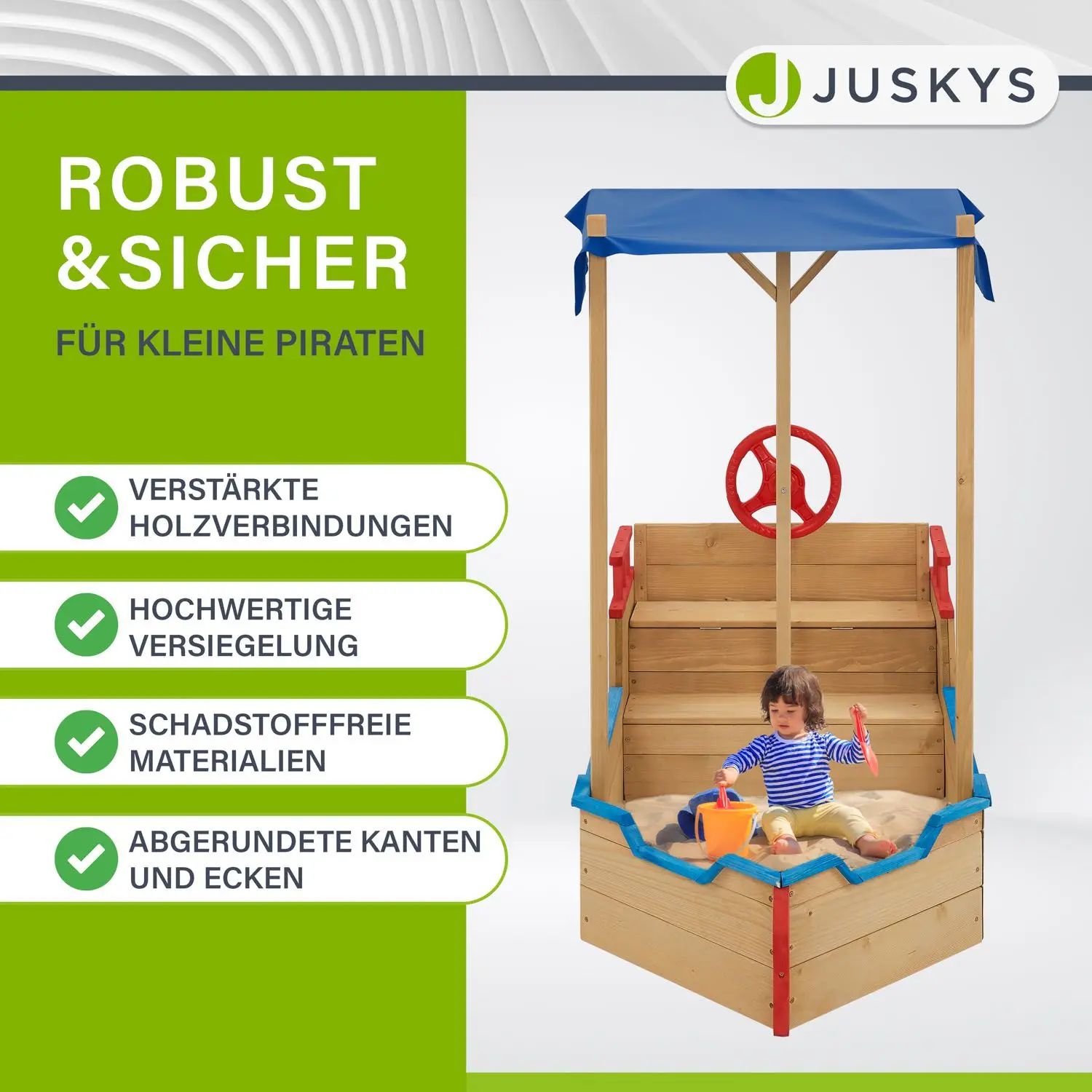 Juskys Sandkasten Käpt’n Pit mit Bodenplane & Dach - Holz Piratenschiff Boot - Sandkiste Sandbox
