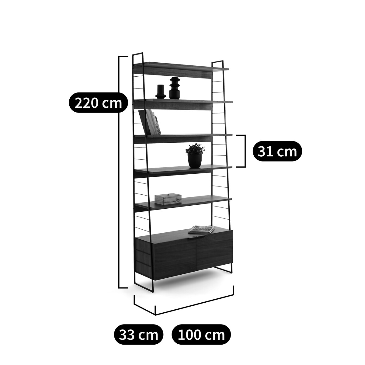 LA REDOUTE INTERIEURS<br>Estante de arrumação em aço e folheado de nogueira, 220 cm de altura, Watford