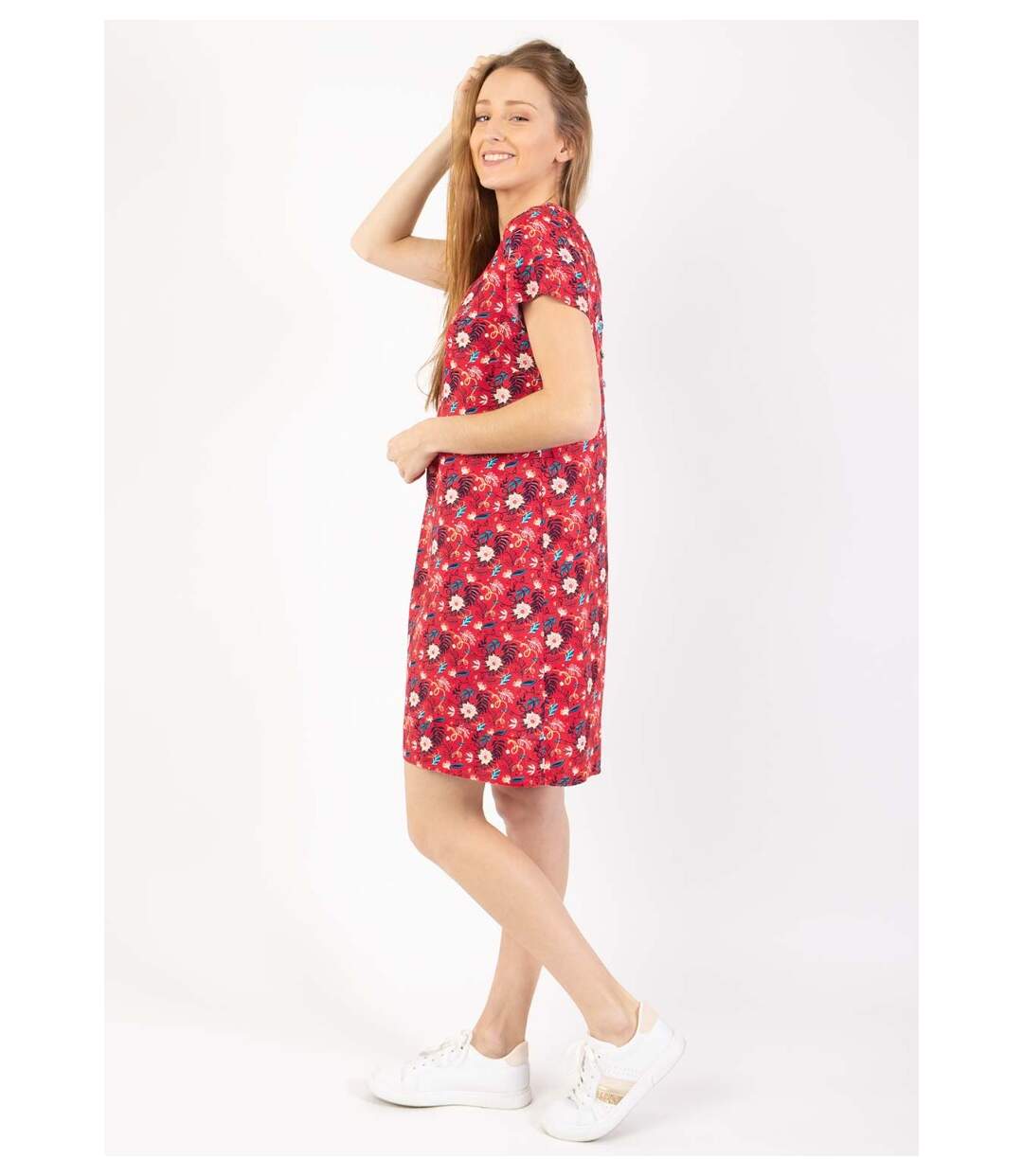 Robe courte fluide col en V CARLA imprimé fleuri rouge Coton Du Monde