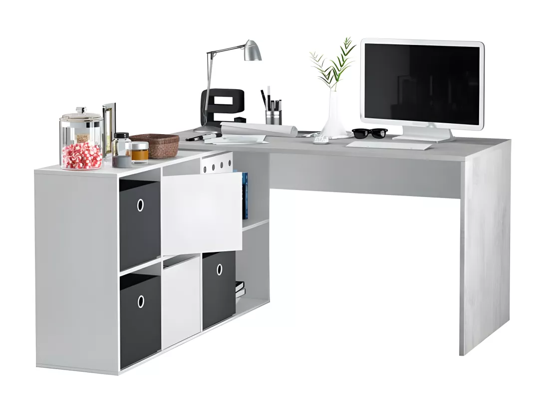 Bureau d'angles 2 portes + 4 niches Blanc/Béton - DAPATA PLUS - L 203 x l 66 x H 74 cm