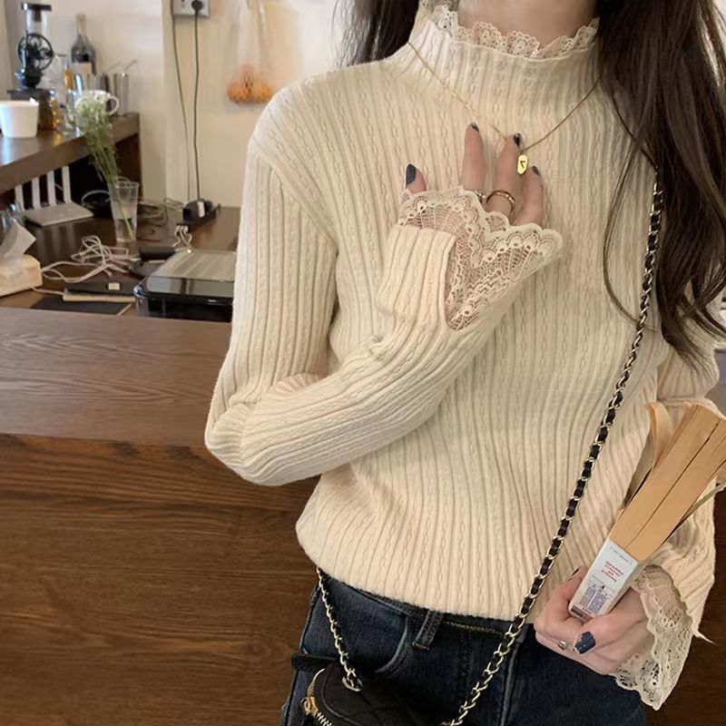 Onipixiy - Top met lange mouwen, geribbelde gebreide top met effen kant en een mockneck
