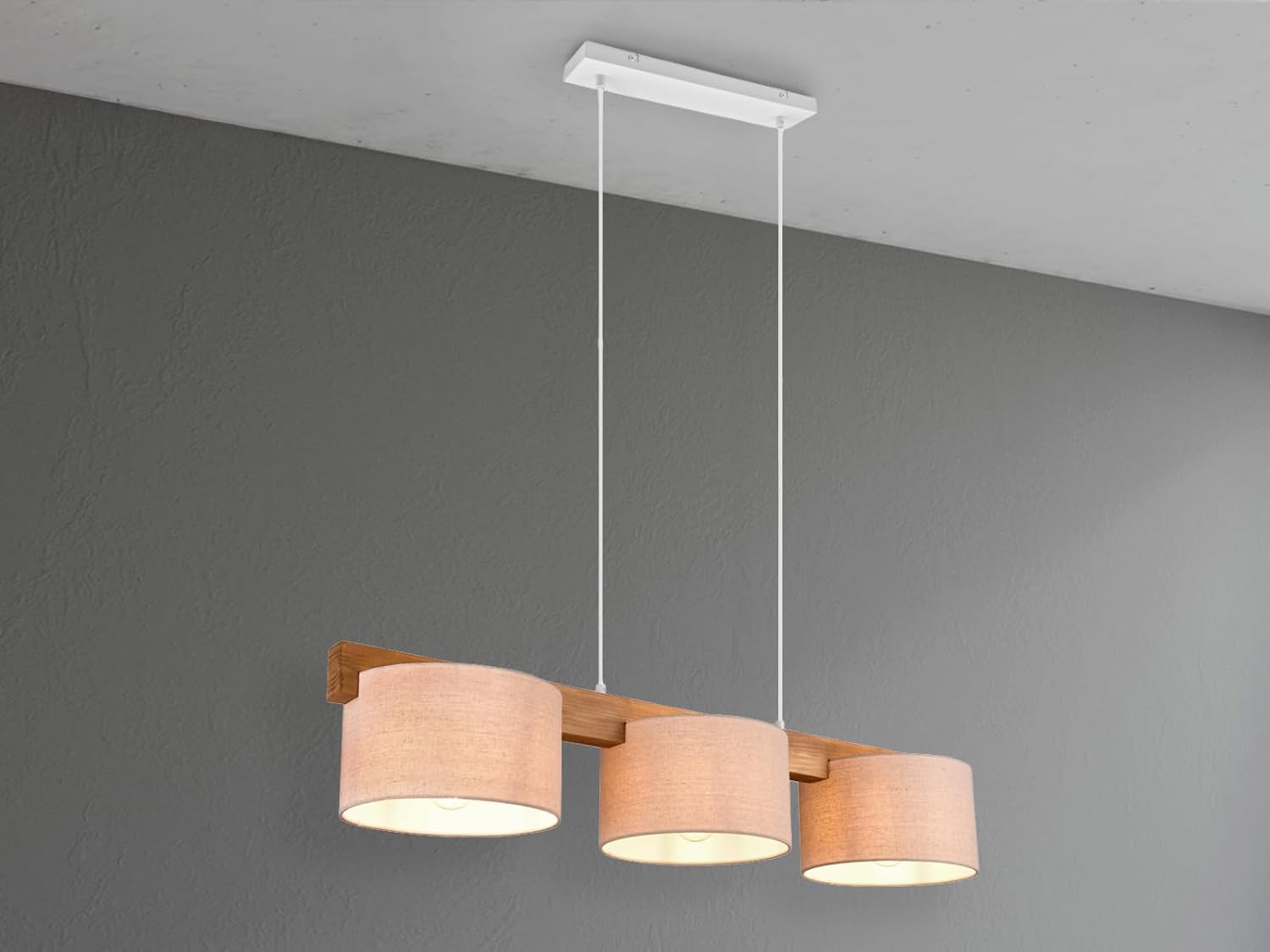 meineWunschleuchte Holzbalken Pendelleuchte 3 flammig mit Stoff Lampenschirmen in Beige, Breite 100cm