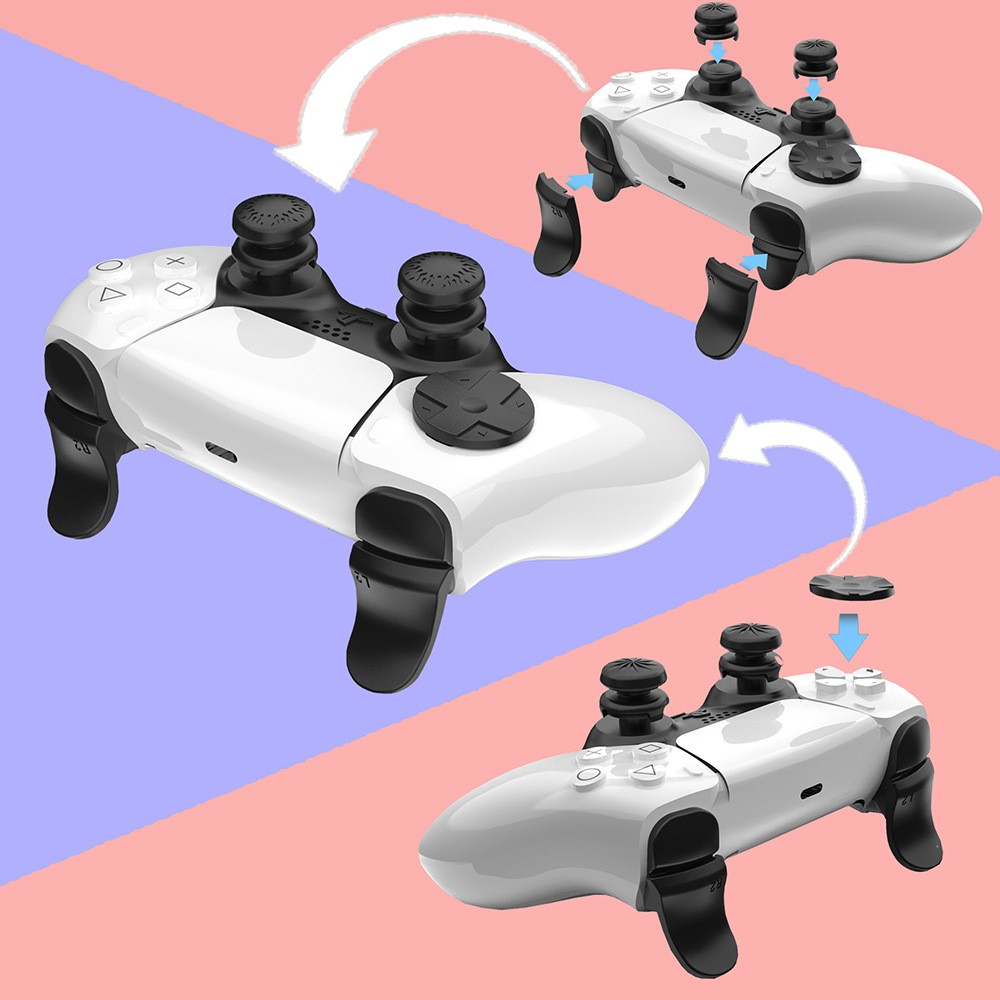 (8-teiliges Set) Sony Playstation PS5 / PS5 Slim Joystick Thumbstick / Steuerkreuz Anti-Rutsch Silikon Kappen und Trigger Verlängerung - Schwarz
