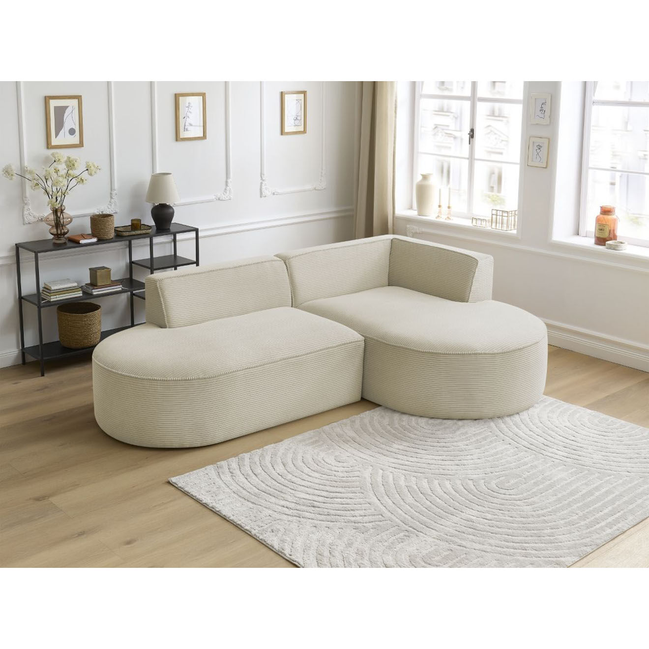 Bobochic Canapé d'angle droit fixe 4 places Rousseau texturé beige - 250x160x72 cm