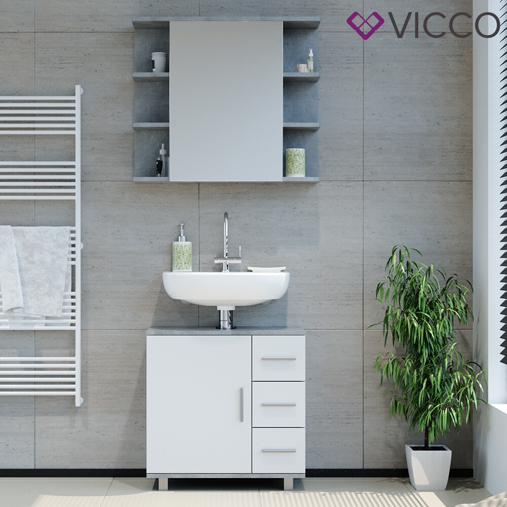 VICCO Badmöbel Set ILIAS Weiß Beton Bad Spiegel Kommode Unterschrank Badschrank