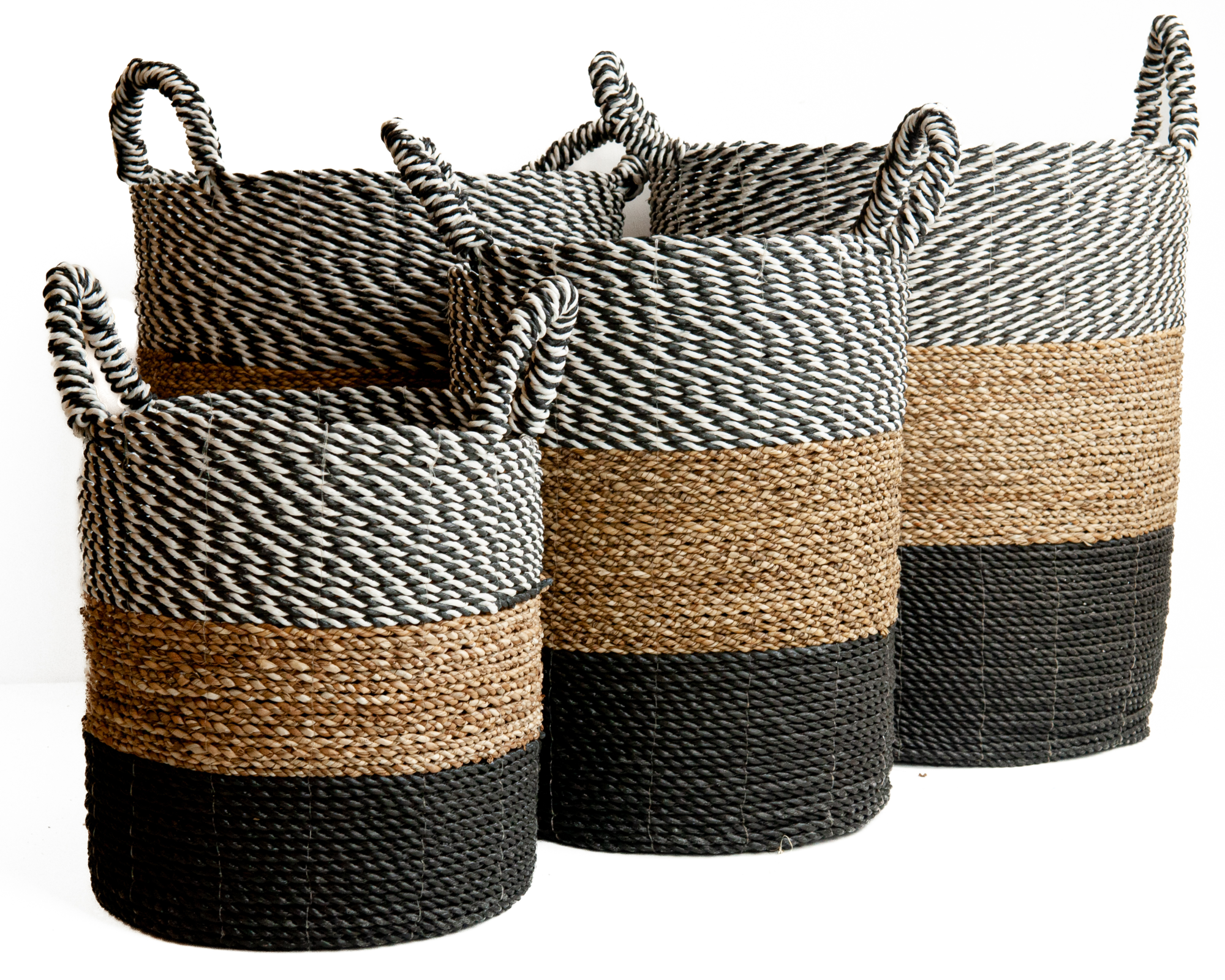 Zeegras waterhyacint gevlochten mand zwart-wit/natural/zwart XS