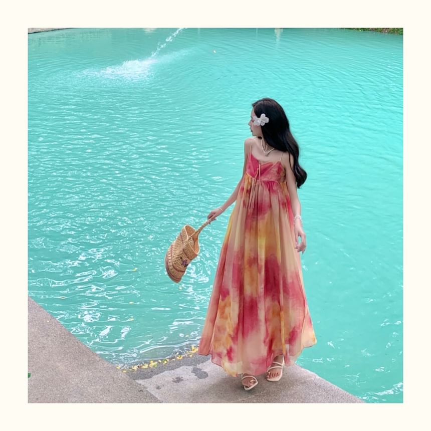 12th Tone - Spaghettibandjes Tie Dye Maxi A-lijn Zomerjurk