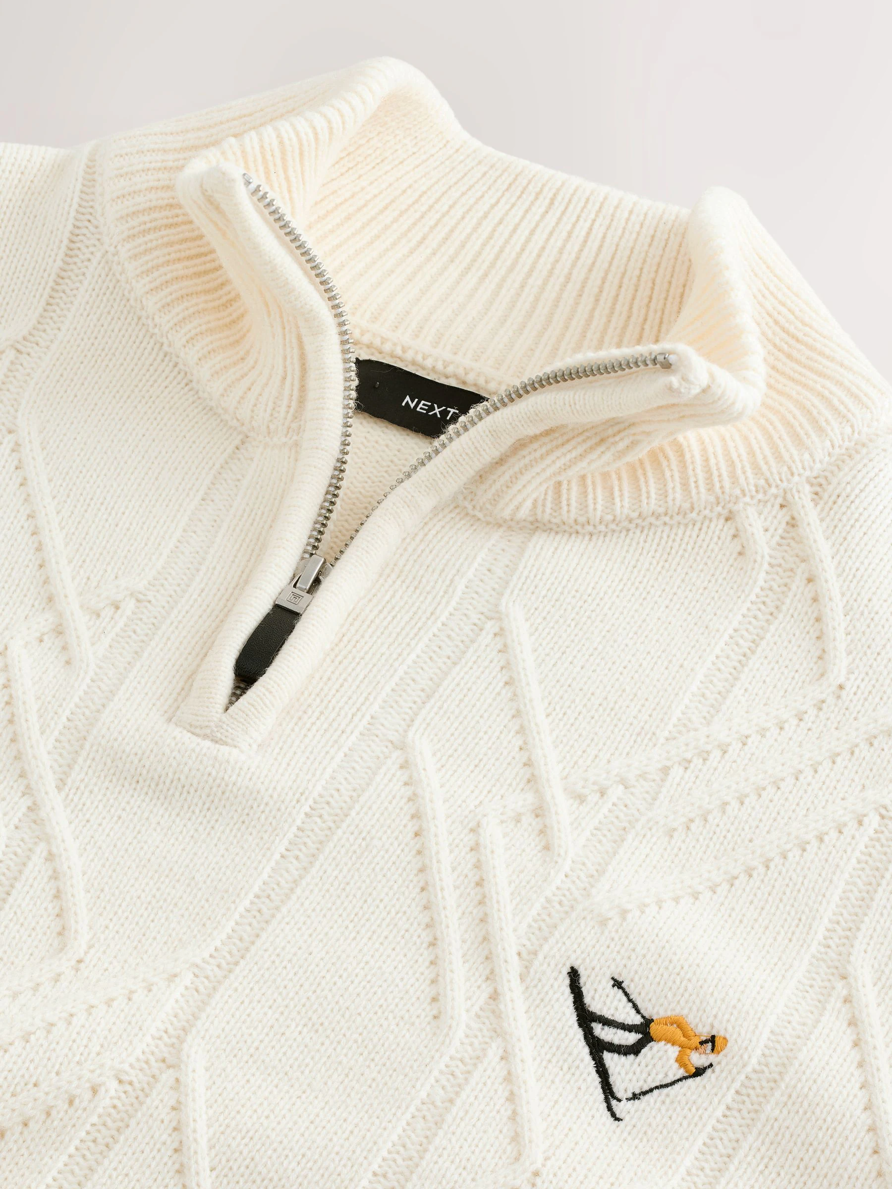 Ecru wit - Regular Fit Christmas Ski Cable Quarter Zip Neck Jumper with Wool