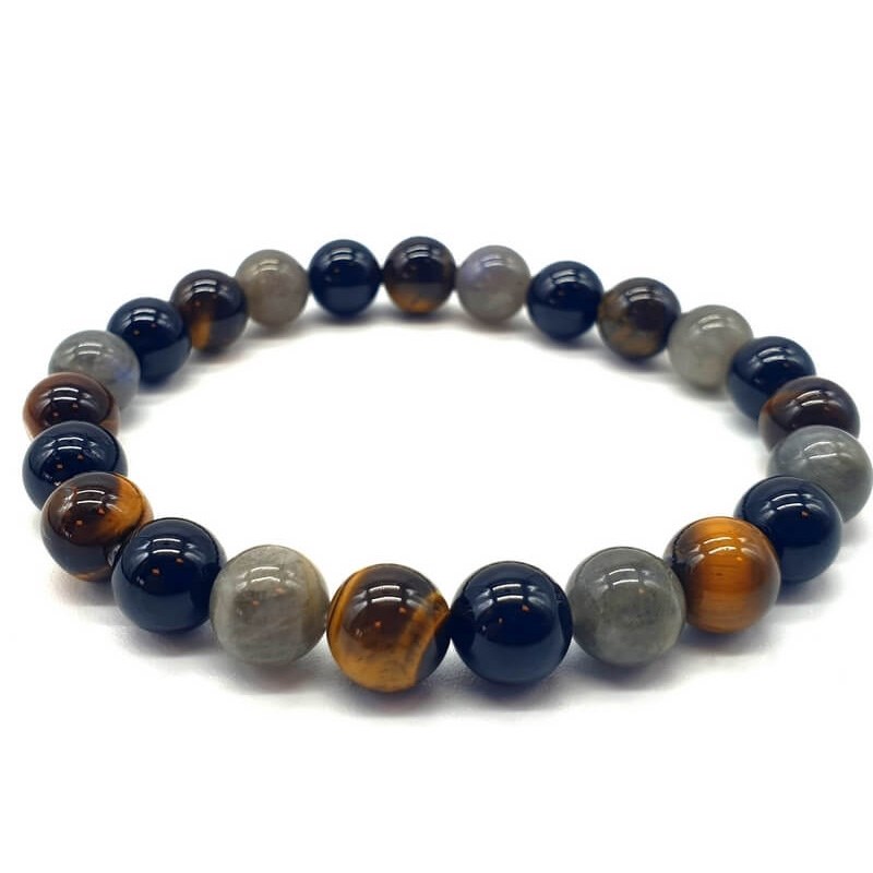 Bracelet extensible avec perles Labradorite, Tourmaline noire, Oeil de Tigre