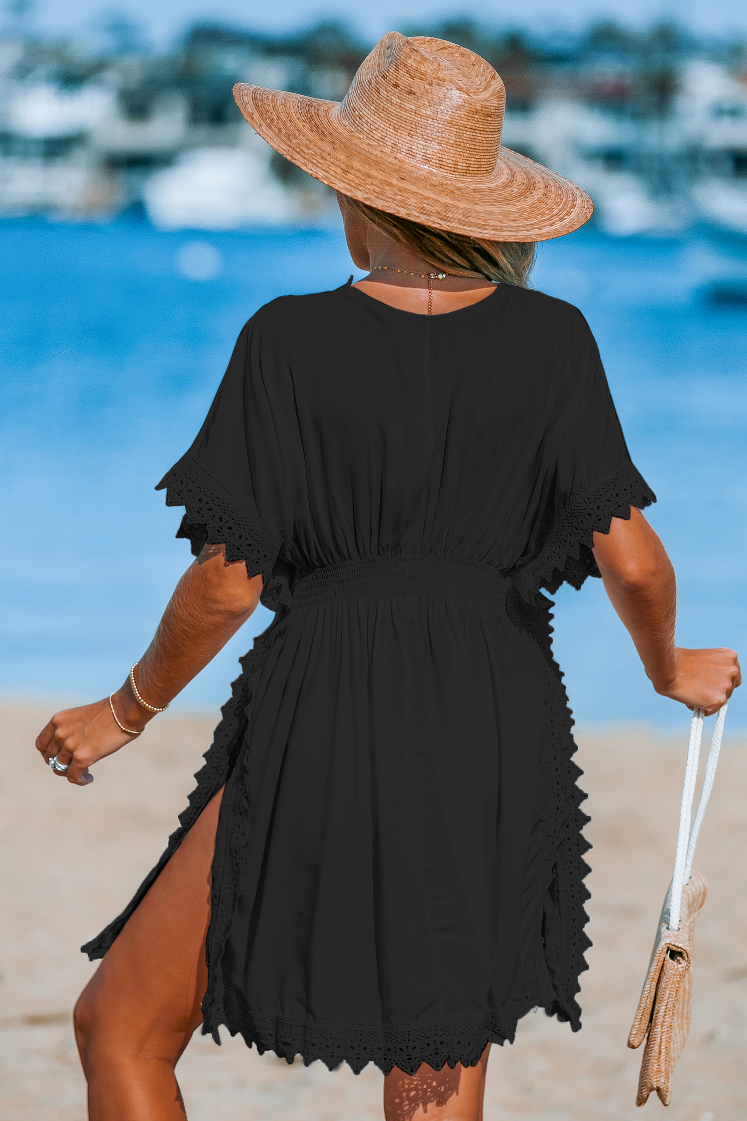 Robe cover up à manches dolman et col plongeant en dentelle noire