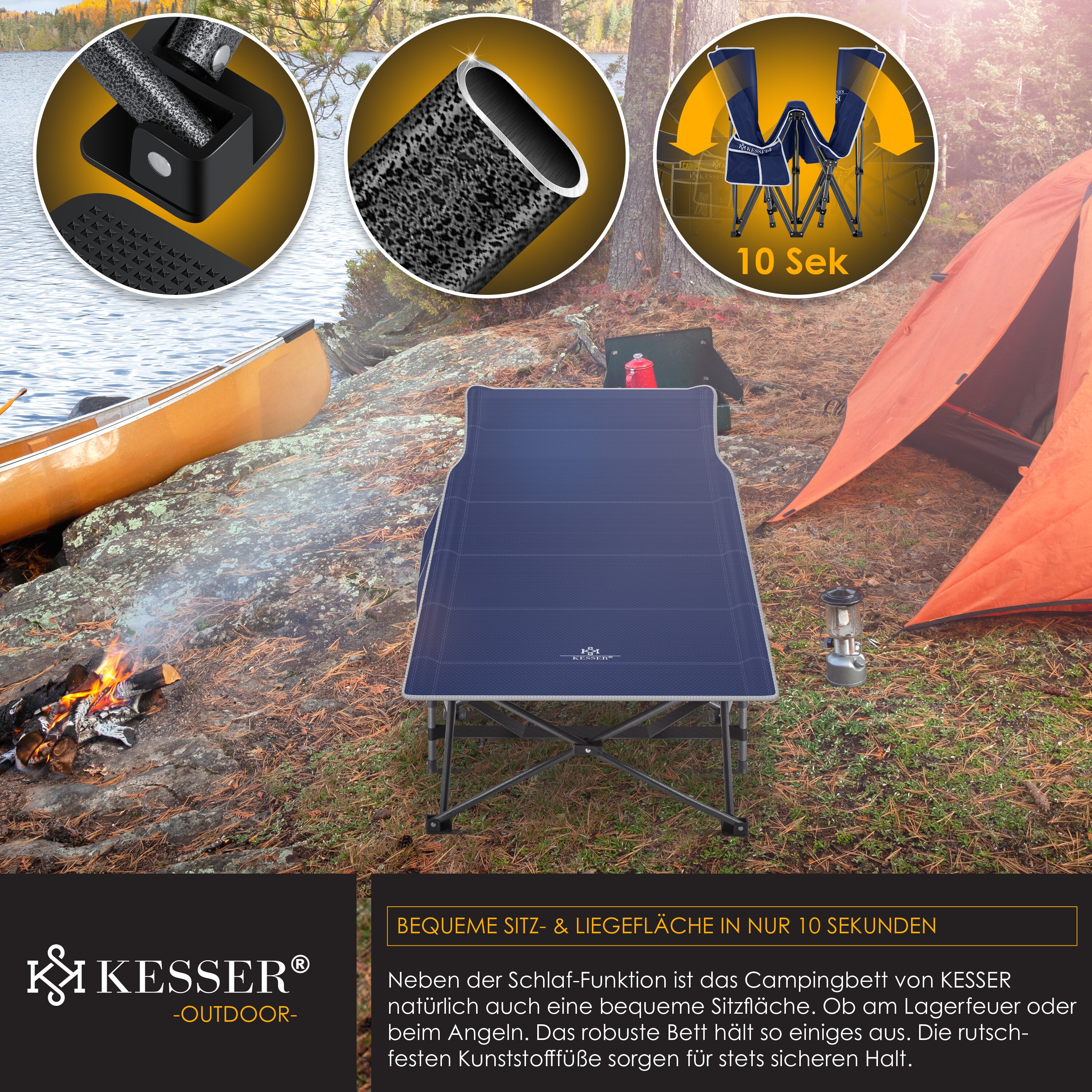 KESSER® Campingbett Feldbett Klappbar Klappbett Campingliege inkl. Tragetasche + Seitentasche Stabiles Feldbett 250kg Belastbar Metallrohr 600D Oxfordgewebe Tragbar Liege Reise Bequem