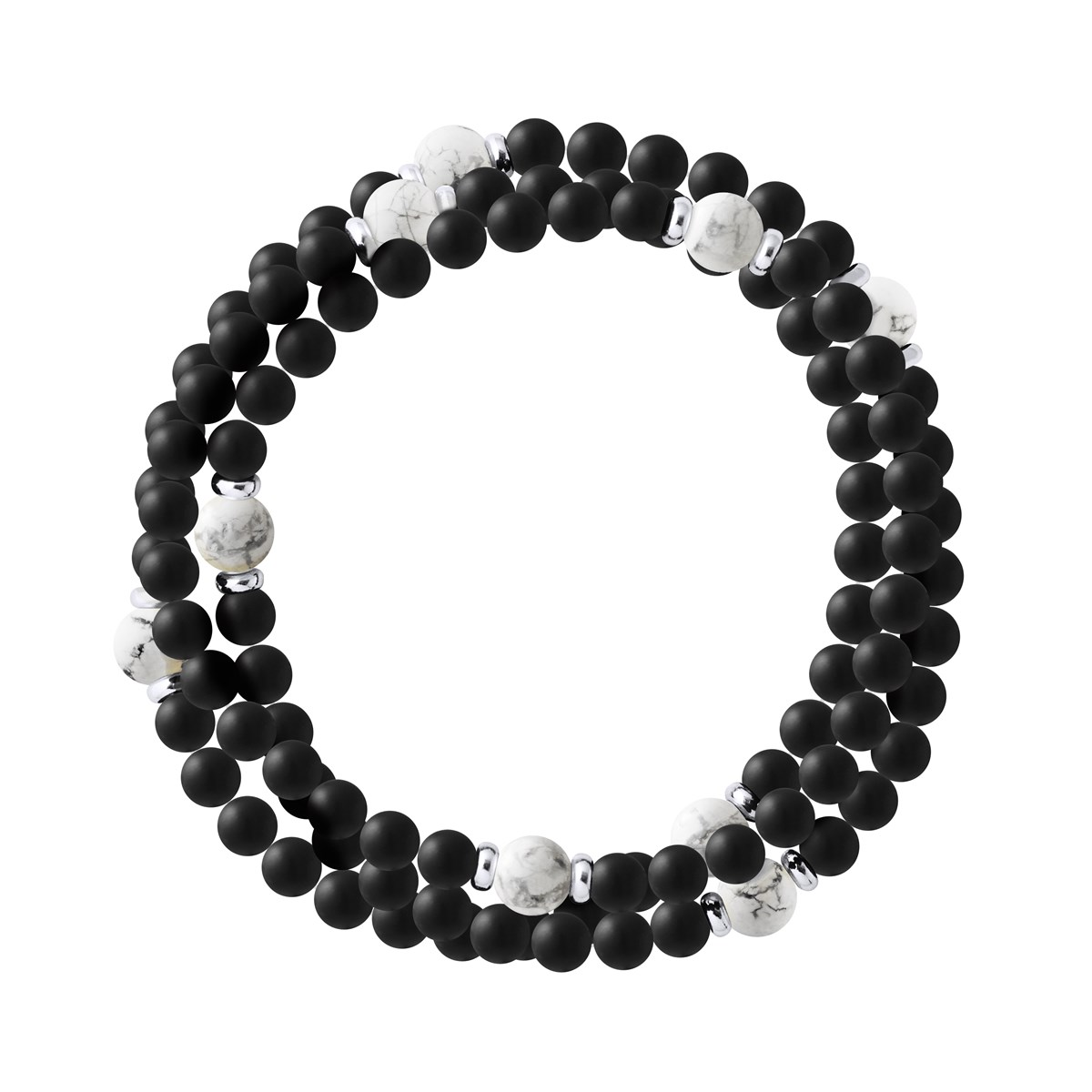 Bracelet Triple Rang SHAMAN, Howlite Blanche, Agate Noire Matte , Argent 925