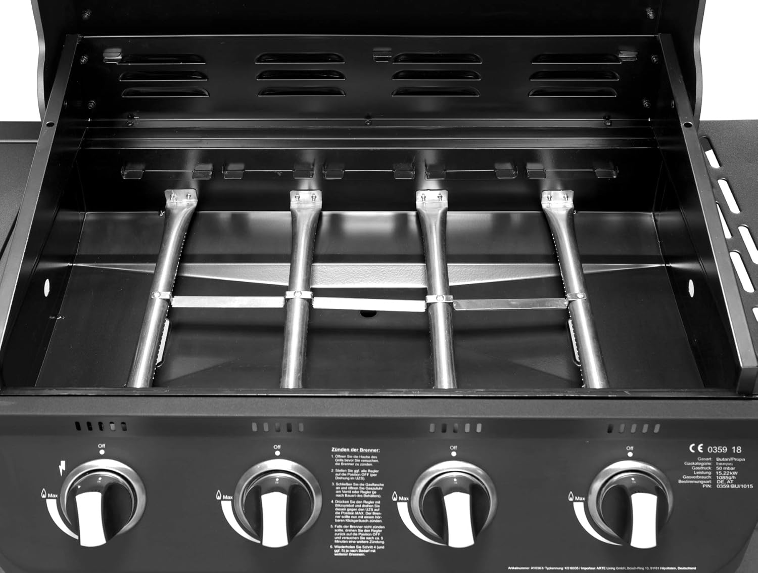 Gasgrill 'COLUMBUS' von El Fuego® 4 + 1 Brenner Grill Smoker Grillwagen BBQ, inkl. Seitenbrenner, verchromter Warmhalterost, Brenner aus Edelstahl, auf Rädern AY 563