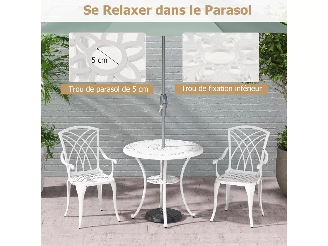 Ensemble Bistrot pour Patio 5 Pièces en Fonte d'Aluminium, Table Ronde avec Trou pour Parasol et 4 Chaises, Salon de Jardin Résistant aux Intempéries pour Jardin Terrasse, Blanc