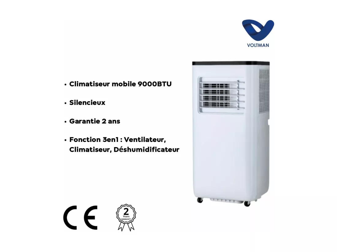 Climatiseur 9000BTU 3en1 Ventilateur Déshumidificateur - Silencieux - 2600W - Classe énergétique A - Voltman