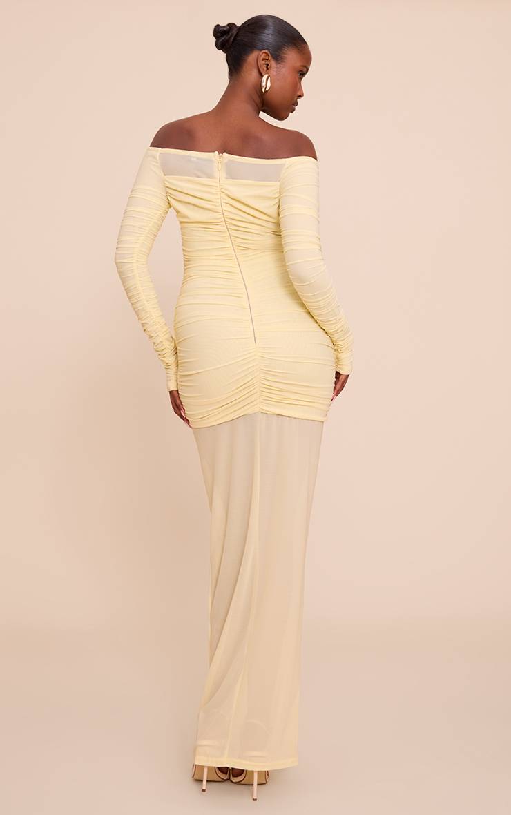 Citron Robe Longue Froncée À Superposition En Mesh Avec Décolleté Bardot