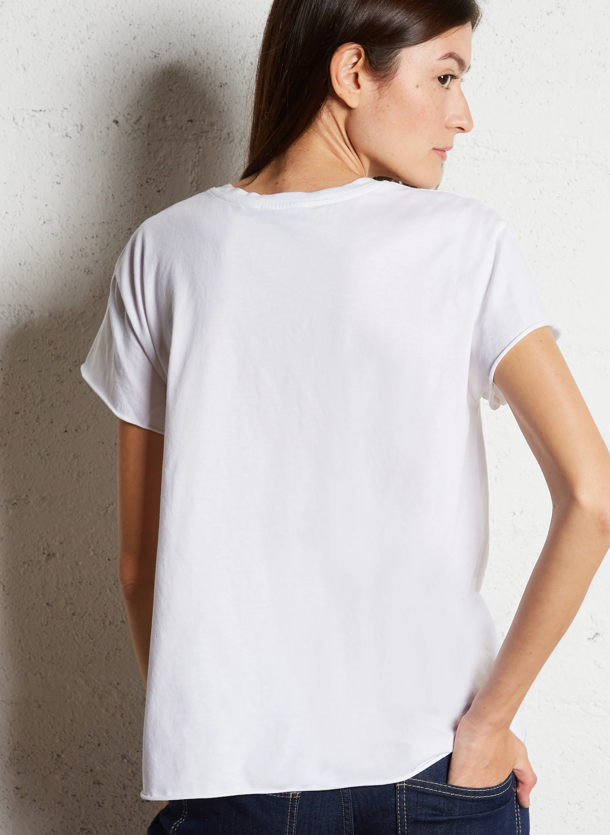Tee-shirt col V droit en coton sérigraphié | Blanc