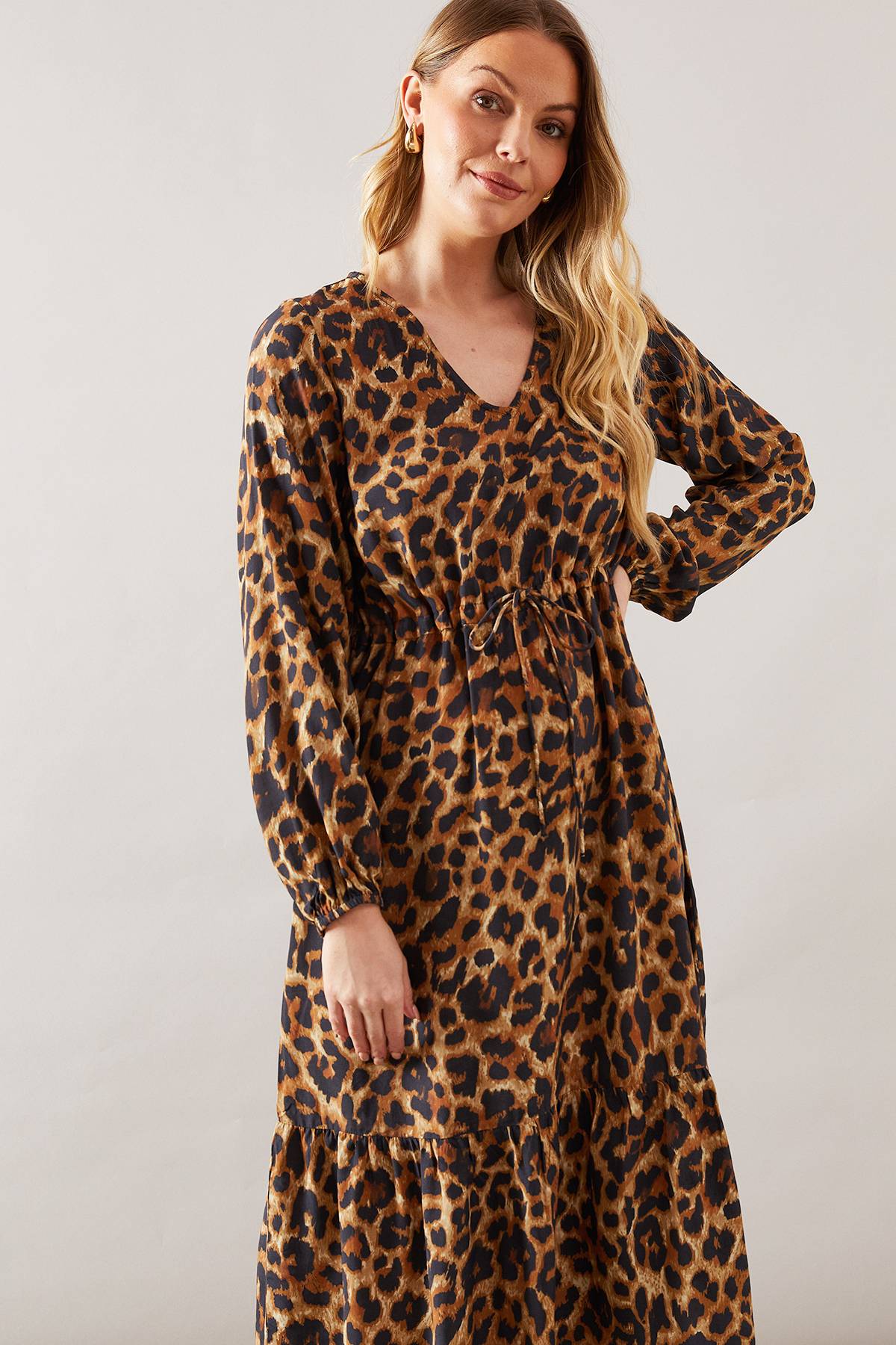 Wallis Robe Midi en Viscose à Imprimé Léopard avec Cordon de Serrage