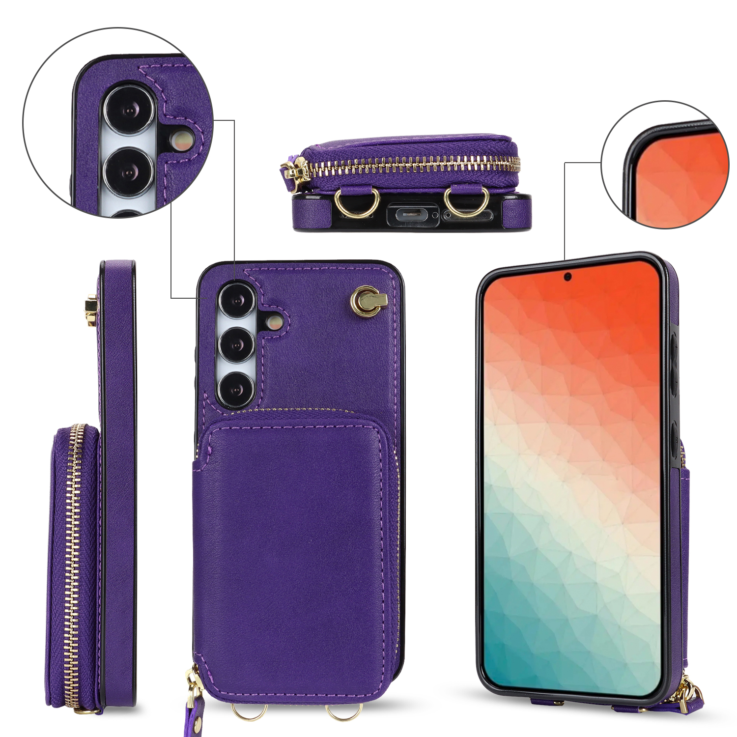 Samsung Galaxy S24  Plus Necklace Leder Schutz Hülle mit Kartenfächer   Handykette (140cm) - Violett