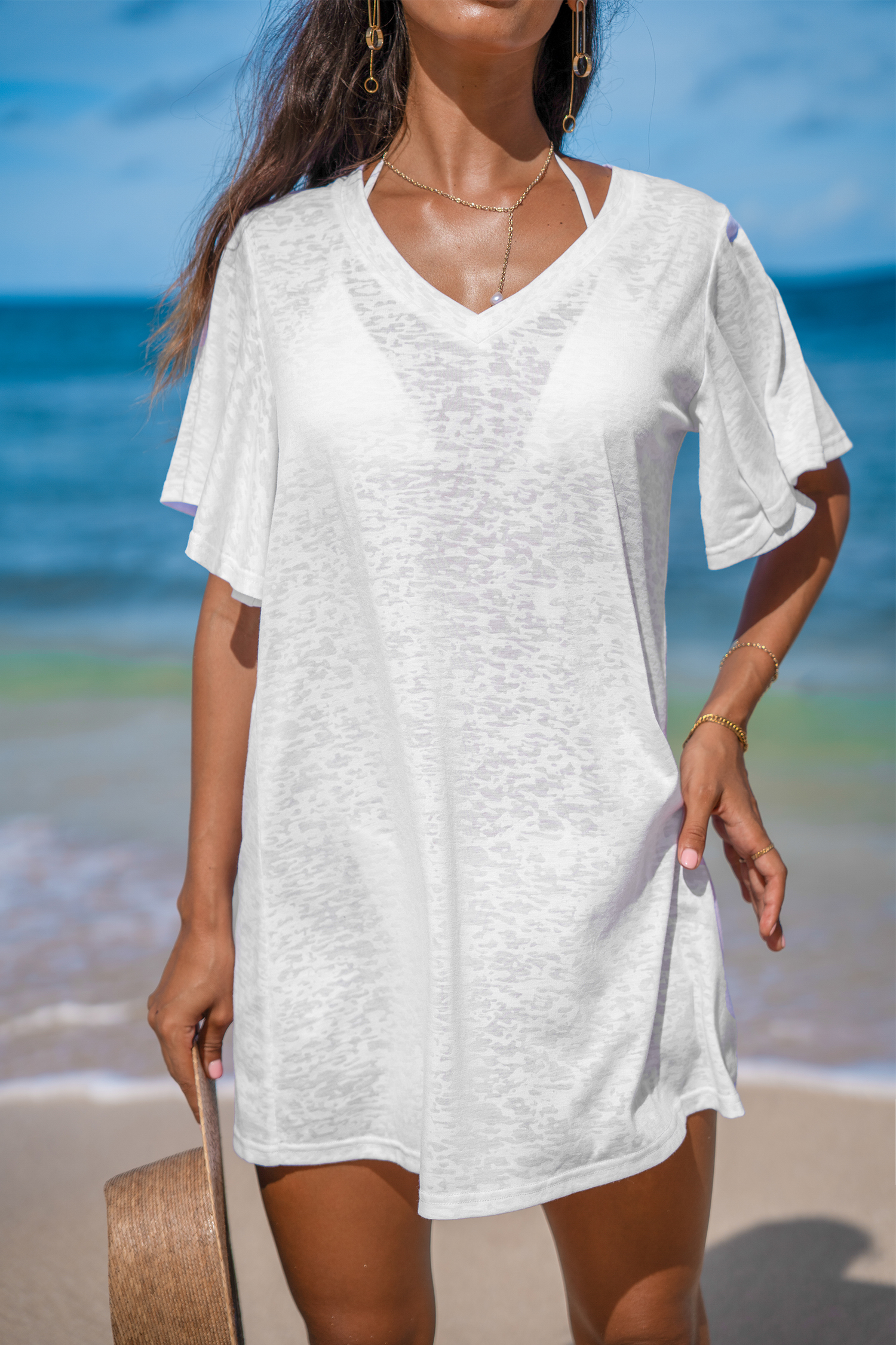 Robe cover up en jersey avec manches à volants blanche