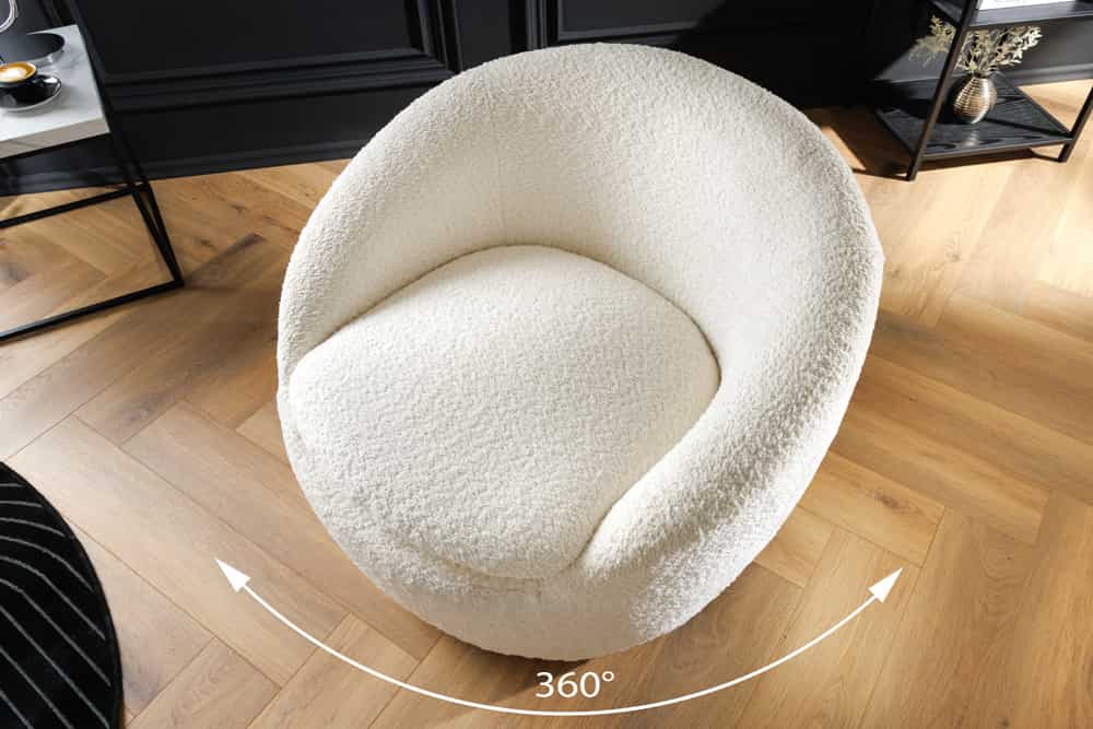 Drehbarer Design Sessel ALPINE weiß Bouclé 360° mit Armlehnen