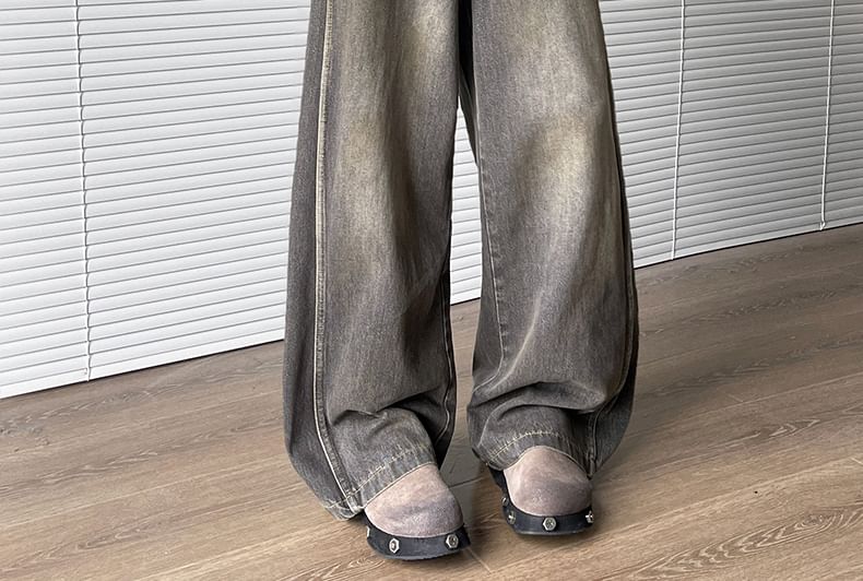AXEN - Mid Rise Washed Wide Leg Jeans