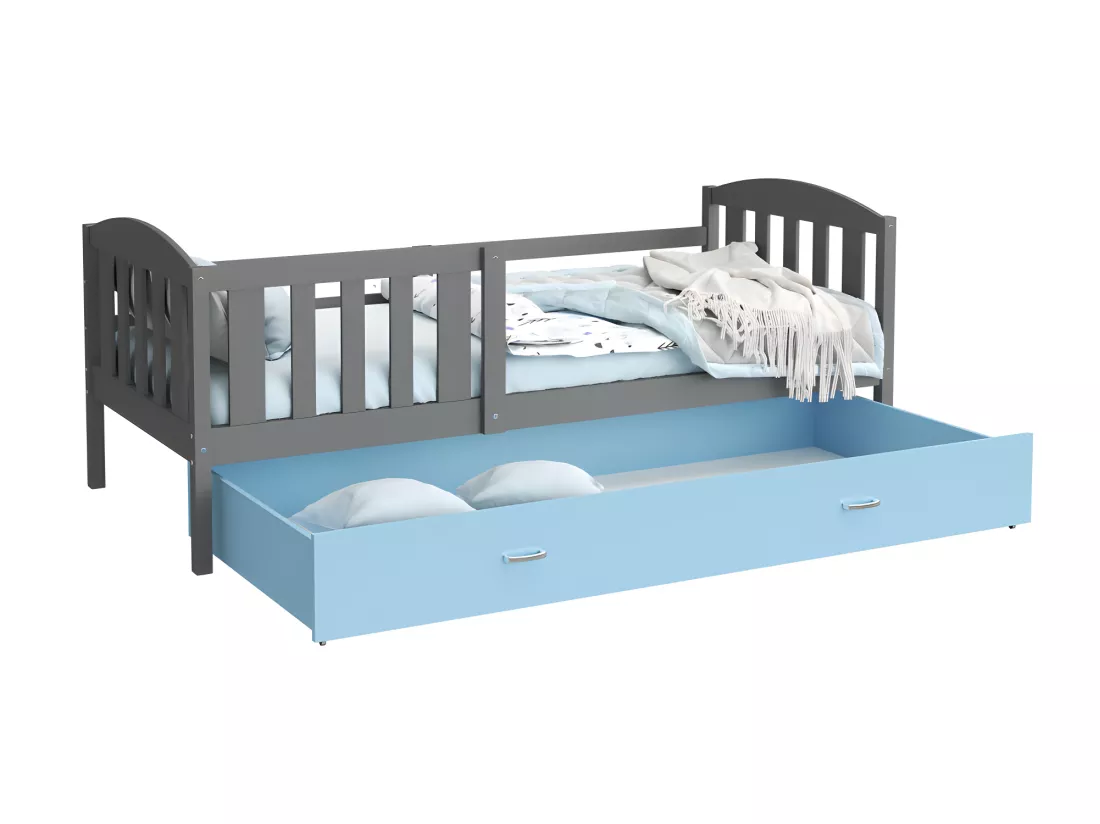 Lit Gigogne Teo 90x190 Gris - bleu Livré avec sommiers, tiroir et matelas en mousse de 7cm