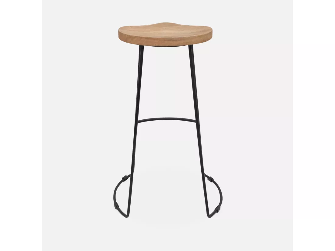 Lot de 2 tabourets de bar bois de manguier naturel et acier. avec repose pieds. 75cm
