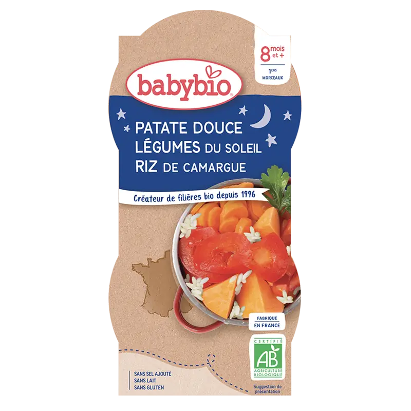 Repas bébé soir Patate Douce Légumes Du Soleil Riz De Camargue Bols - 2x200g