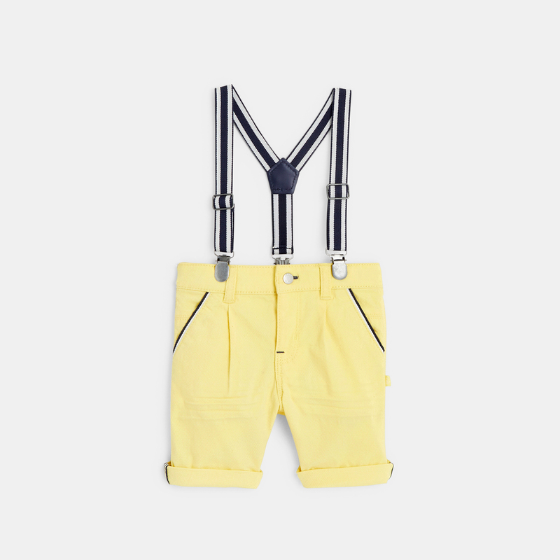 Bermuda à pinces en coton fantaisie et bretelles jaune bébé garçon