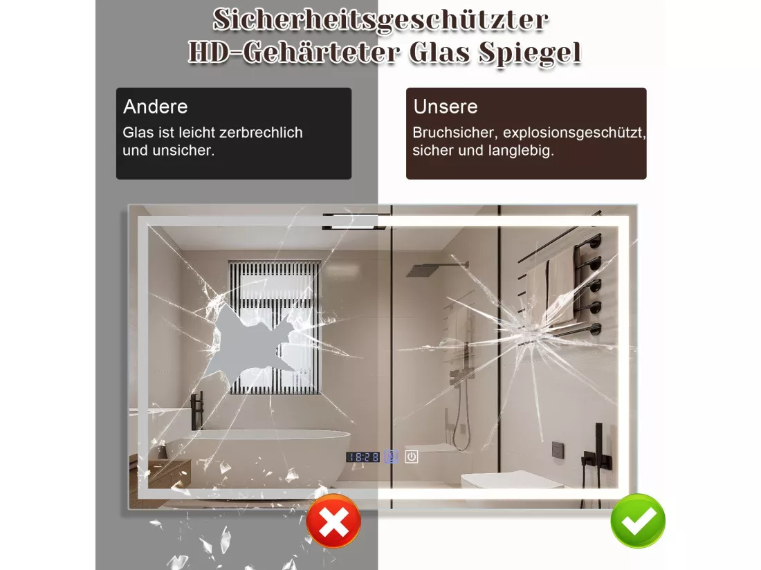 NETTLIFE Miroir lumineux salle de bain - 100x60 cm LED, IP44, interrupteur tactile, horloge désembuage, réglable