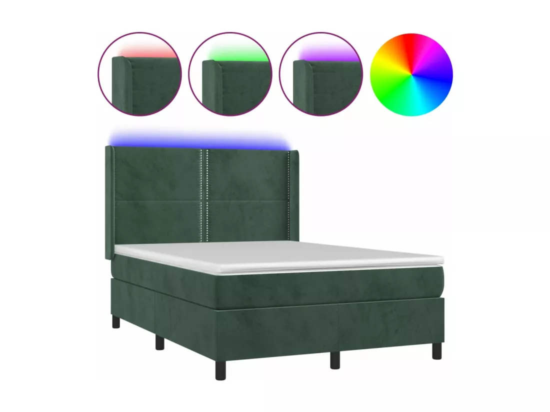 Sommier tapissier matelas et LED Vert foncé 140x200 cm Velours