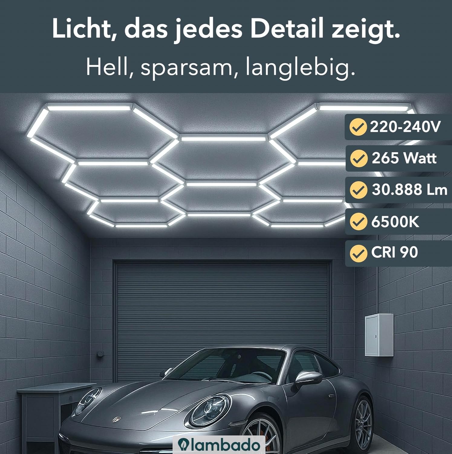 lambado® Hexagon LED-Deckenleuchte Garagenbeleuchtung LED Werkstattbeleuchtung 8-teilig | Farbtemperatur 6500K Weiß | Fitnessstudio Barber Shop Salon Ausstellung