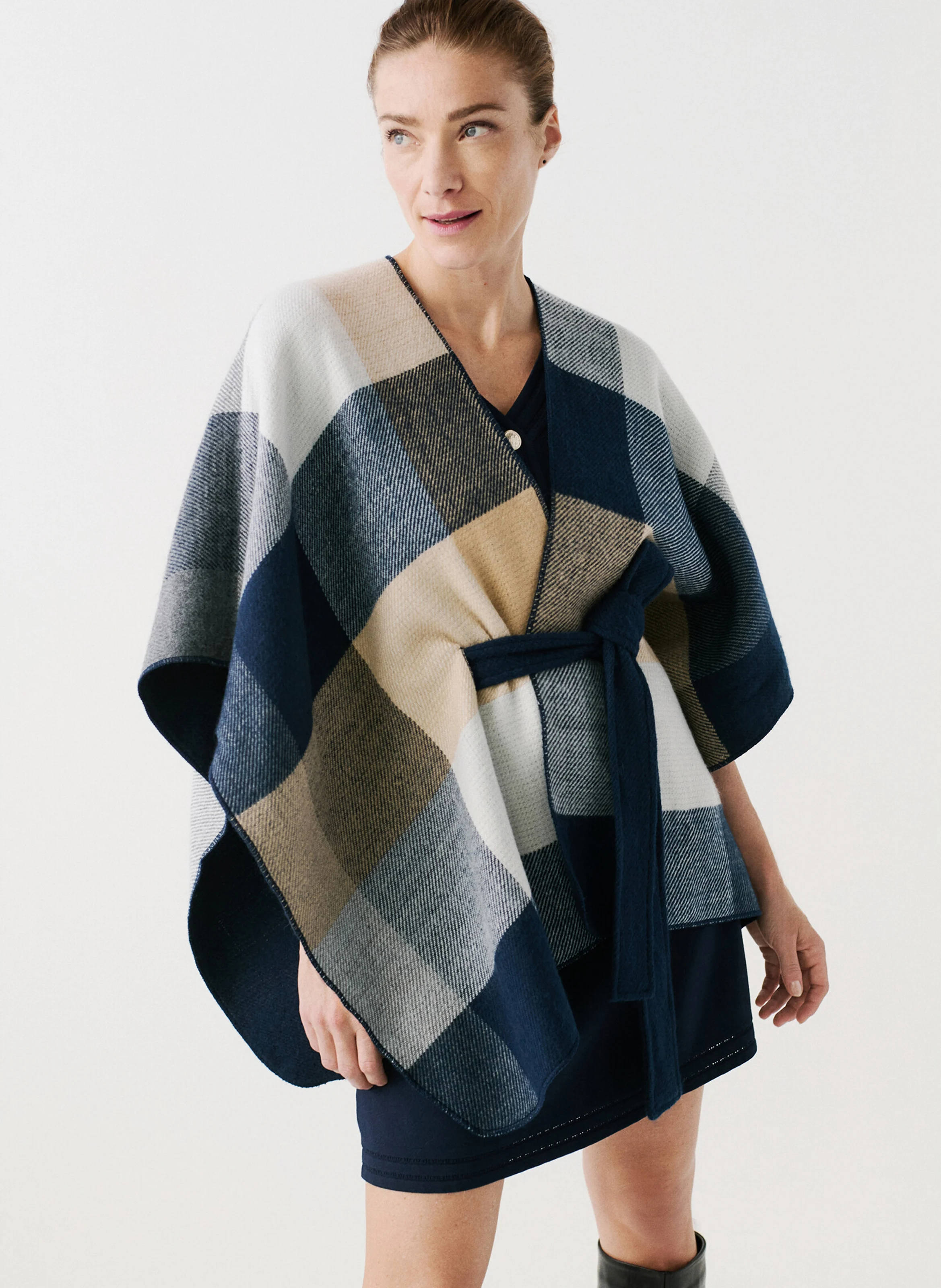 HABELTY - Poncho col V à carreaux | Bleu