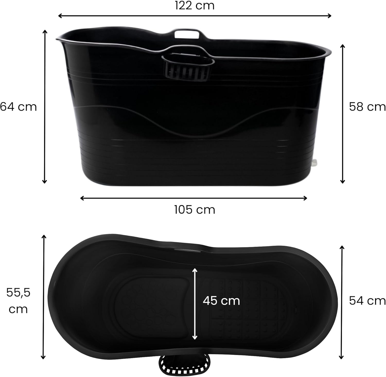HelloBath® Mobile Badewanne XL 121x56x64 cm für Erwachsene | Tragbare Sitzbadewanne mit verlängerbarem Ablaufschlauch (3 m) & Wasserhahn | Badewanne für Dusche & Outdoor | Schwarz