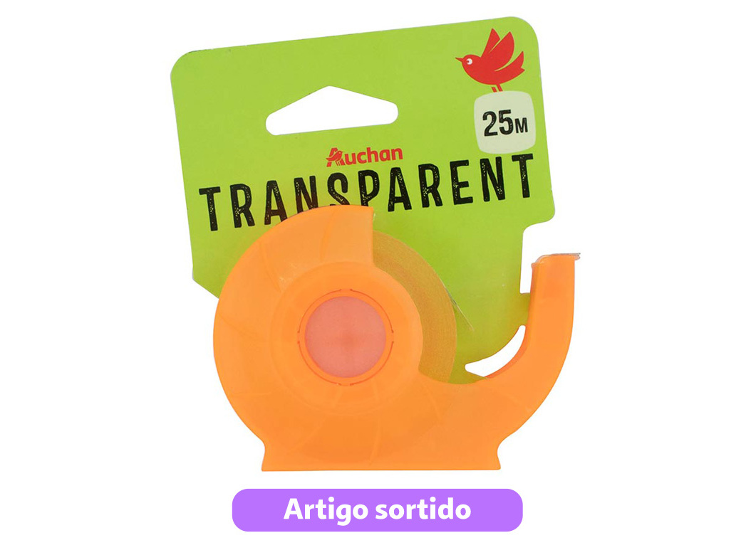 FITA COLA TRANSPARENTE AUCHAN COM DISPENSADOR 25M CORES SORTIDAS